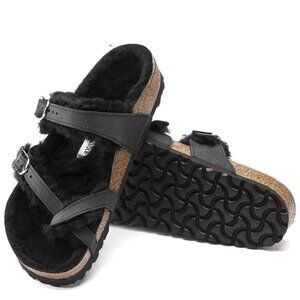 Birkenstock Mayari Shearling Oiled Leather Black Sandals Womens Size 8 Shearling